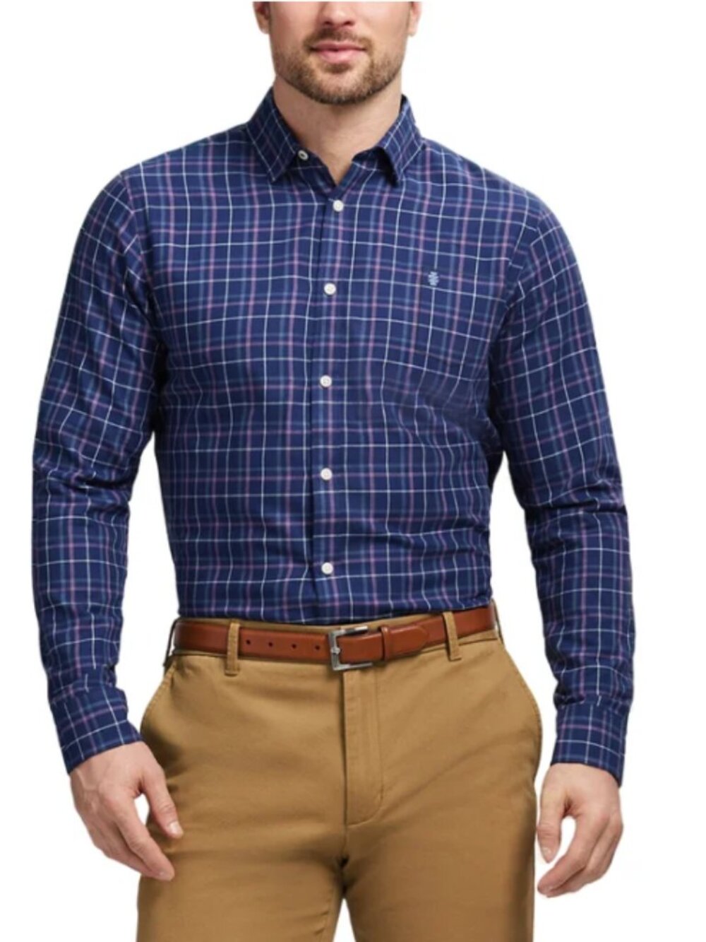 Izod Men's Luxe Twill Button Down Dress Shirt Plaid Dark Blue Size XXL